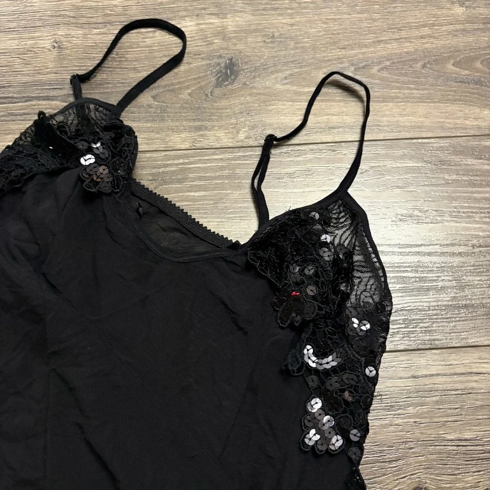 90s Italian Vintage LeMila Sheer Sequin Cups Babydoll Slip (Black) Size M